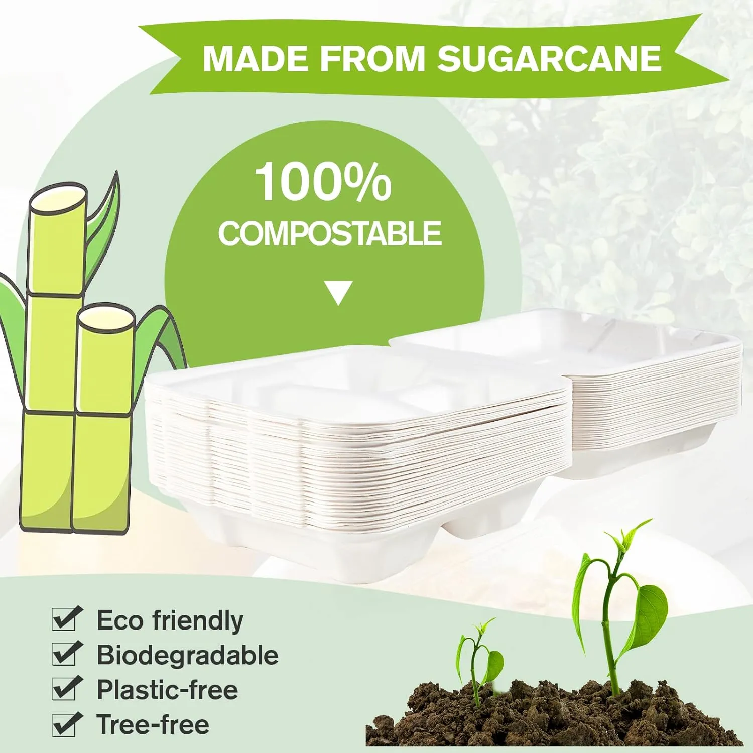 ECOLipak 50 Pack Clamshell Take Out Food Containers, 100% Compostable Disposable To Go Containers, 8X8 inch 3-Compartment Heavy-Duty To Go Boxes