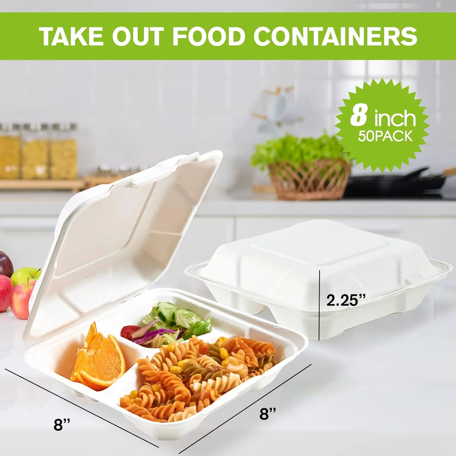 ECOLipak 50 Pack Clamshell Take Out Food Containers, 100% Compostable Disposable To Go Containers, 8X8 inch 3-Compartment Heavy-Duty To Go Boxes