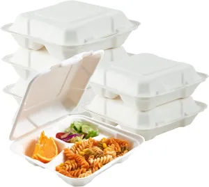ECOLipak 50 Pack Clamshell Take Out Food Containers, 100% Compostable Disposable To Go Containers, 8X8 inch 3-Compartment Heavy-Duty To Go Boxes