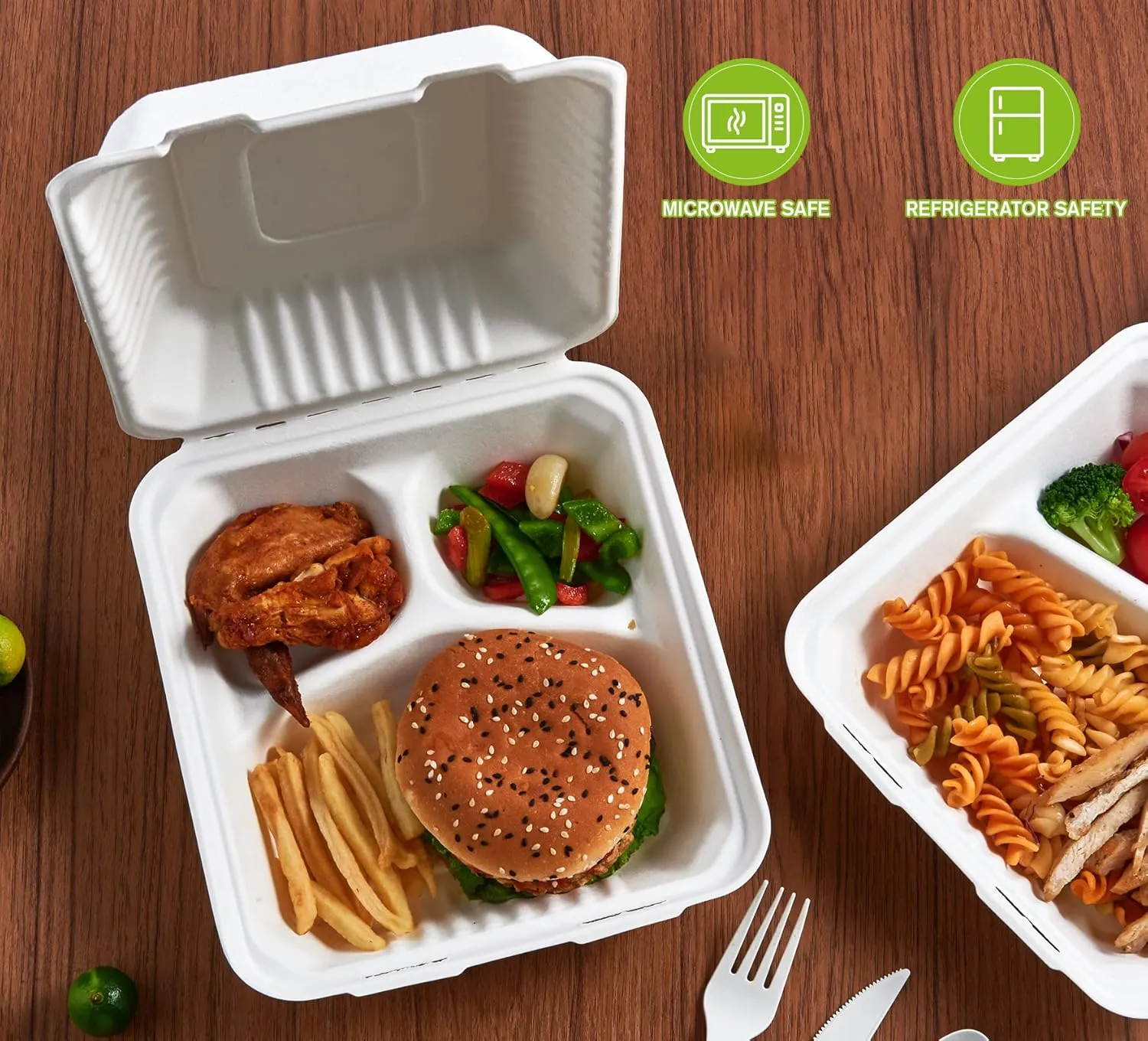 ECOLipak 50 Pack Clamshell Take Out Food Containers, 100% Compostable Disposable To Go Containers, 8X8 inch 3-Compartment Heavy-Duty To Go Boxes