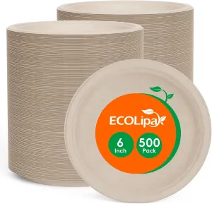 ECOLipak 6 Inch Disposable Compostable Small Paper Plates, 500 Pack Recycled Sugarcane Bagasse Biodegradable Heavy Duty Mini Dinner Appetizer Cake Dessert Plates for Party(Nature)