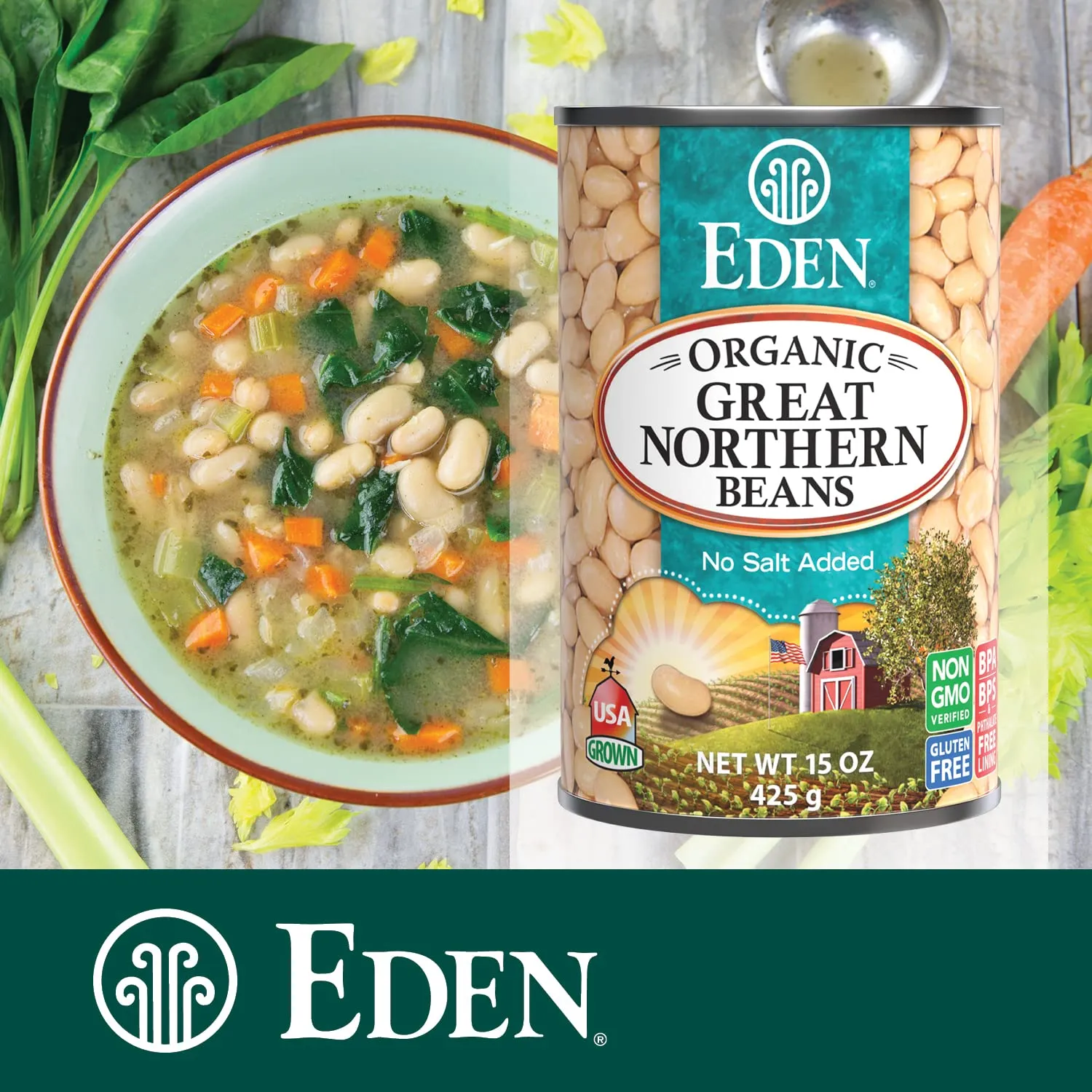 Eden Organic Great Northern Beans (White Beans), 15 oz Can (12-Pack Case), No Salt Added, Non-GMO, Gluten Free, U.S. Grown, Heat and Serve, Macrobiotic, Similar to Cannellini, Smoother