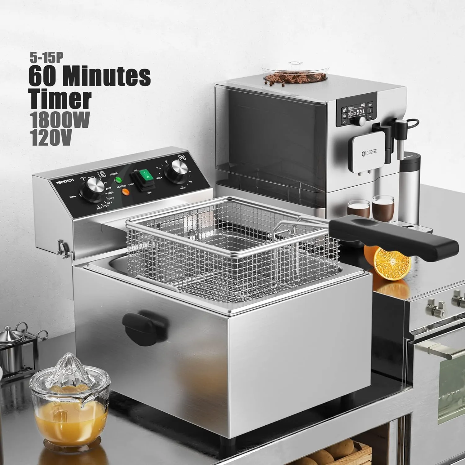 Electric Deep fryer Stainless Steel with Basket & Lid Capacity 10L(10.5QT) Countertop Fryers for Home Kitchen and Restaurant with 60 Minute Timer, 1800 Watts, 120V