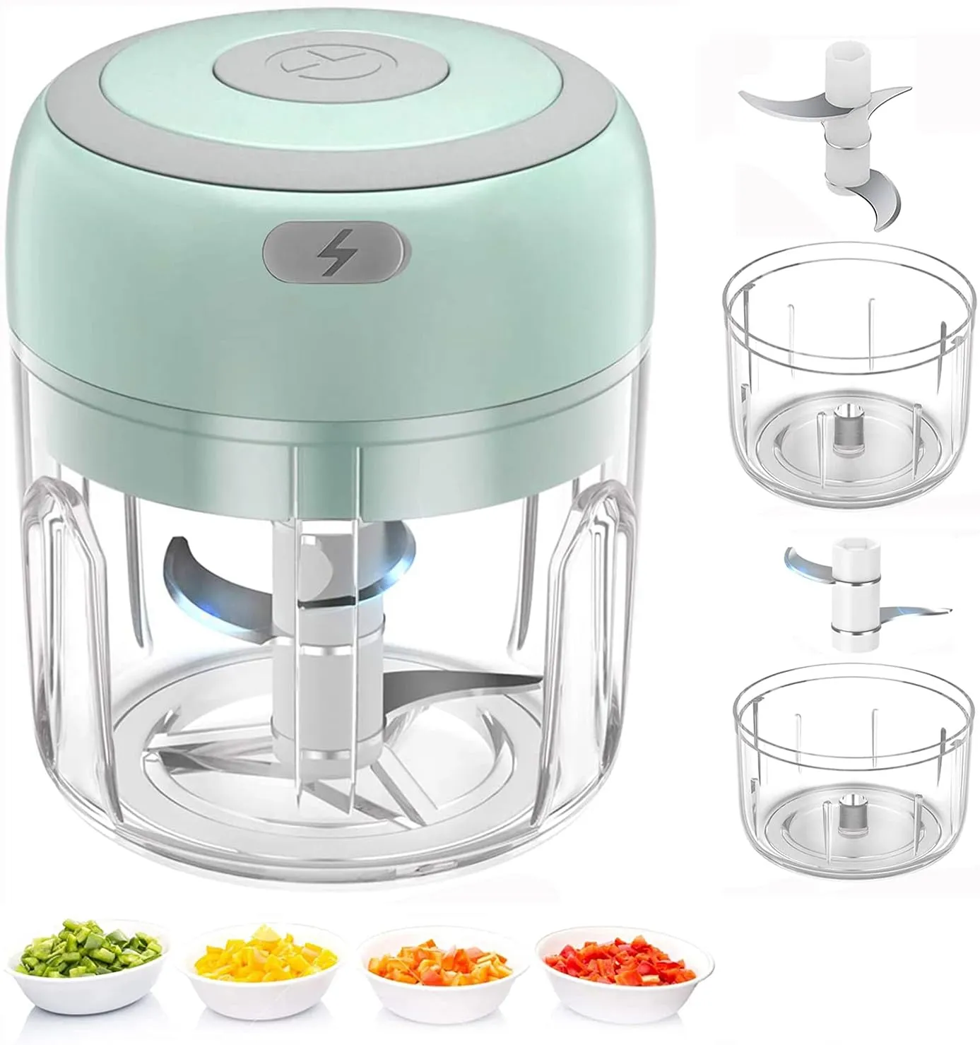 Electric Mini Food Chopper, Rechargable Small Food Processor for Garlic, Puree, Onion, Herb, Veggie, Ginger, Fruit Blender (250ml 100ml 2 cups, Green)