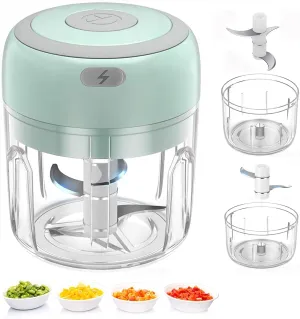 Electric Mini Food Chopper, Rechargable Small Food Processor for Garlic, Puree, Onion, Herb, Veggie, Ginger, Fruit Blender (250ml 100ml 2 cups, Green)
