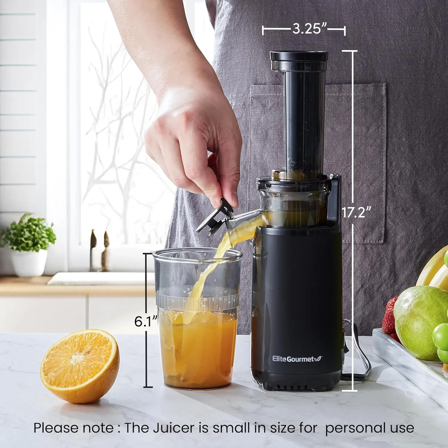 Elite Gourmet EJX600 Compact Small Space-Saving Masticating Slow Juicer Cold Press Juice Extractor, Nutrient and Vitamin Dense, BPA-Free Tritan, Easy to Clean, 16 oz Juice Cup, Charcoal Grey