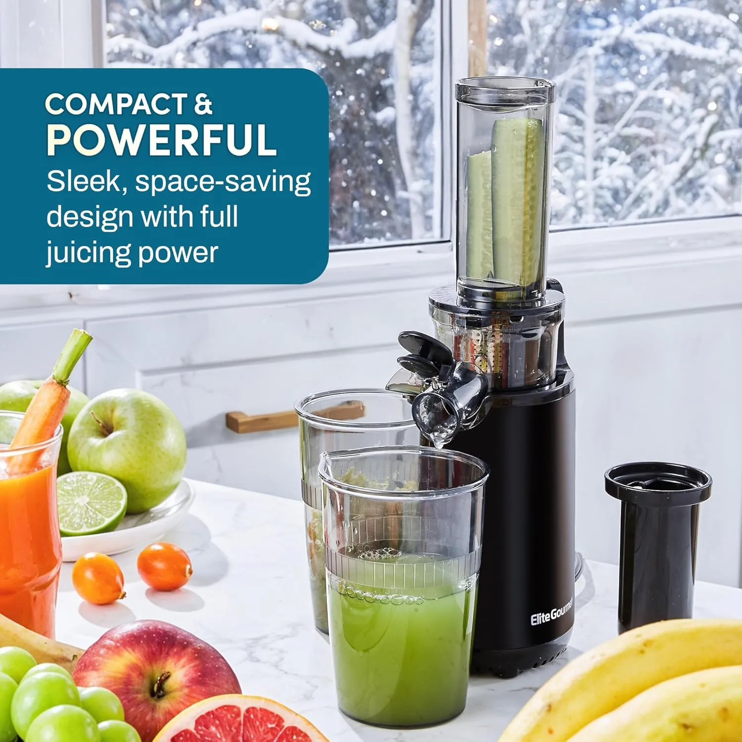 Elite Gourmet EJX600 Compact Small Space-Saving Masticating Slow Juicer Cold Press Juice Extractor, Nutrient and Vitamin Dense, BPA-Free Tritan, Easy to Clean, 16 oz Juice Cup, Charcoal Grey
