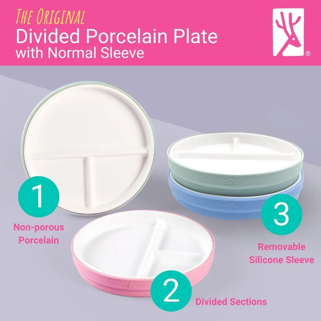 Elk and Friends Kids 7.8” Porcelain White Plates with Silicone Sleeves | Divided Plates | Suitable for Kids/Toddlers | Microwave & Dishwasher Safe | Non Slip | Snack Dishes…
