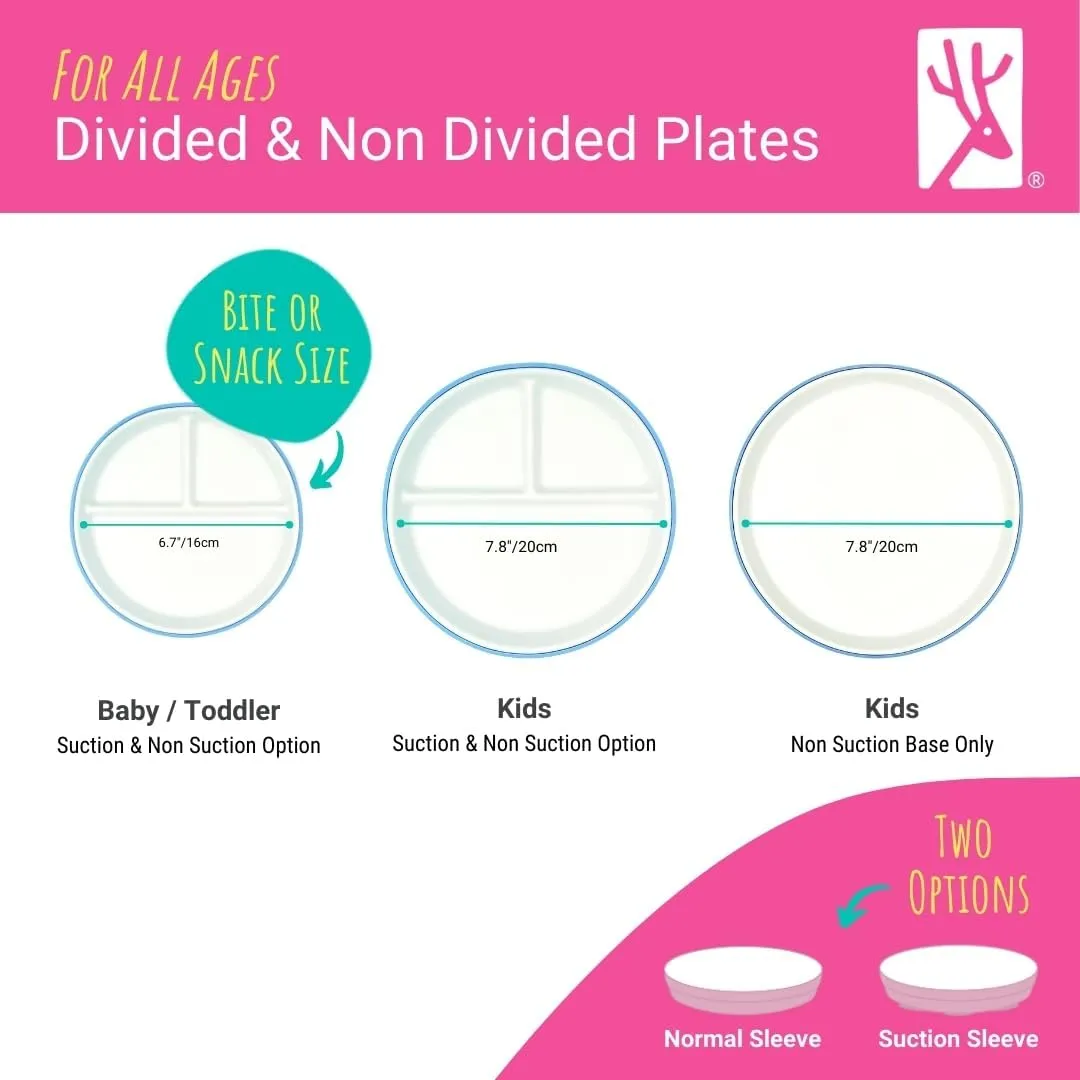 Elk and Friends Kids 7.8” Porcelain White Plates with Silicone Sleeves | Divided Plates | Suitable for Kids/Toddlers | Microwave & Dishwasher Safe | Non Slip | Snack Dishes…
