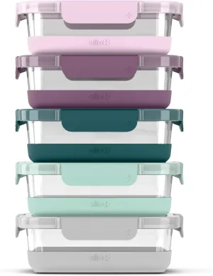 Ello Duraglass 3.4 Cup Meal Prep Sets 10Pc, 5 Pack Set- Glass Food Storage Container with Silicone Boot and Airtight BPA-Free Plastic Lids, Dishwasher, Microwave, and Freezer Safe, Garden Goals