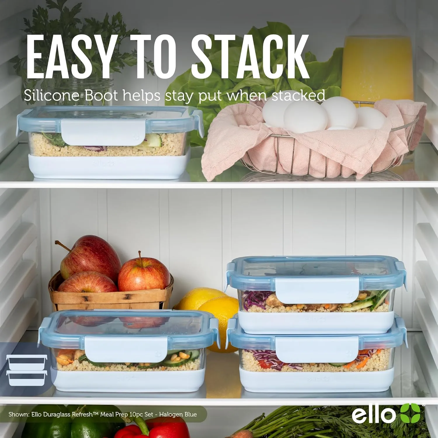 Ello Duraglass 3.4 Cup Meal Prep Sets 10Pc, 5 Pack Set- Glass Food Storage Container with Silicone Boot and Airtight BPA-Free Plastic Lids, Dishwasher, Microwave, and Freezer Safe, Garden Goals