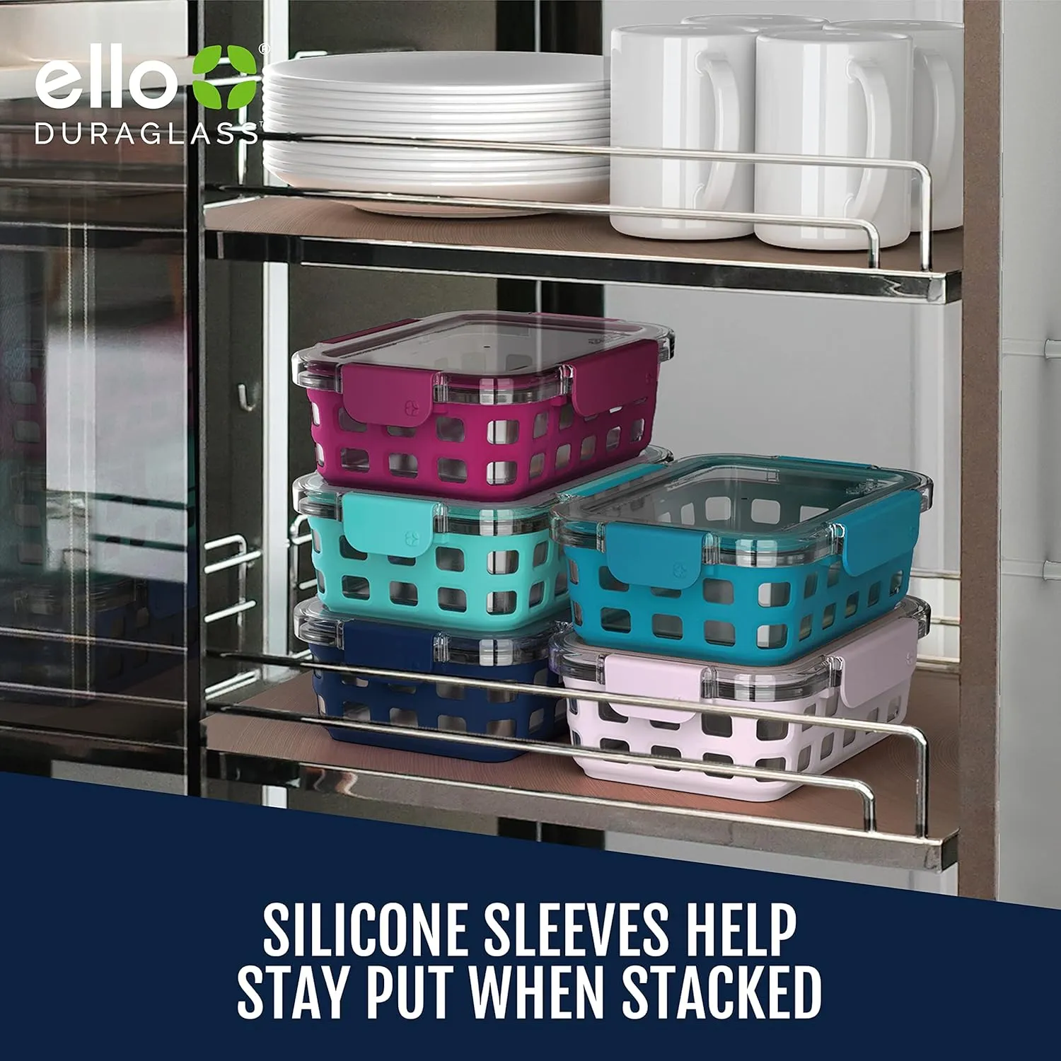 Ello Duraglass 3.4 Cup Meal Prep Sets 10Pc, 5 Pack Set- Glass Food Storage Container with Silicone Sleeve and Airtight BPA-Free Plastic Lids, Dishwasher, Microwave, and Freezer Safe, Evening Orchard