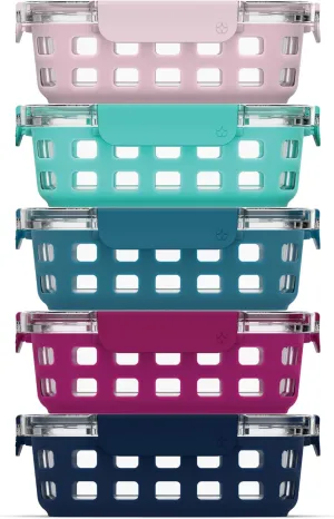 Ello Duraglass 3.4 Cup Meal Prep Sets 10Pc, 5 Pack Set- Glass Food Storage Container with Silicone Sleeve and Airtight BPA-Free Plastic Lids, Dishwasher, Microwave, and Freezer Safe, Evening Orchard