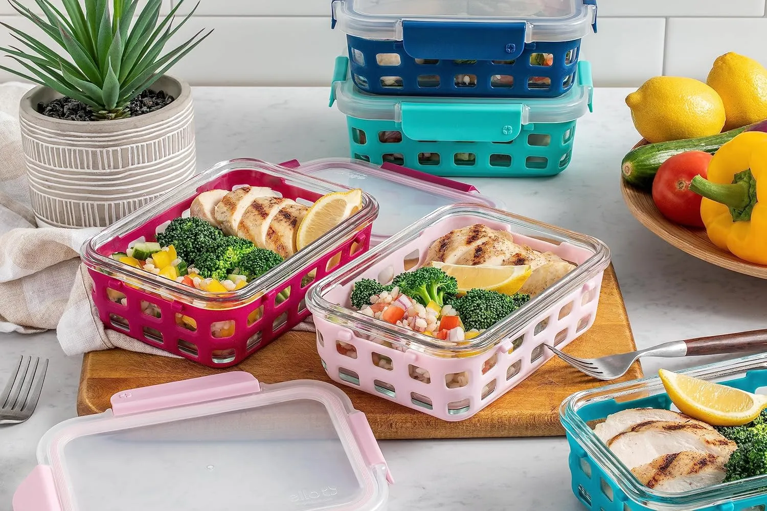 Ello Duraglass 3.4 Cup Meal Prep Sets 10Pc, 5 Pack Set- Glass Food Storage Container with Silicone Sleeve and Airtight BPA-Free Plastic Lids, Dishwasher, Microwave, and Freezer Safe, Evening Orchard