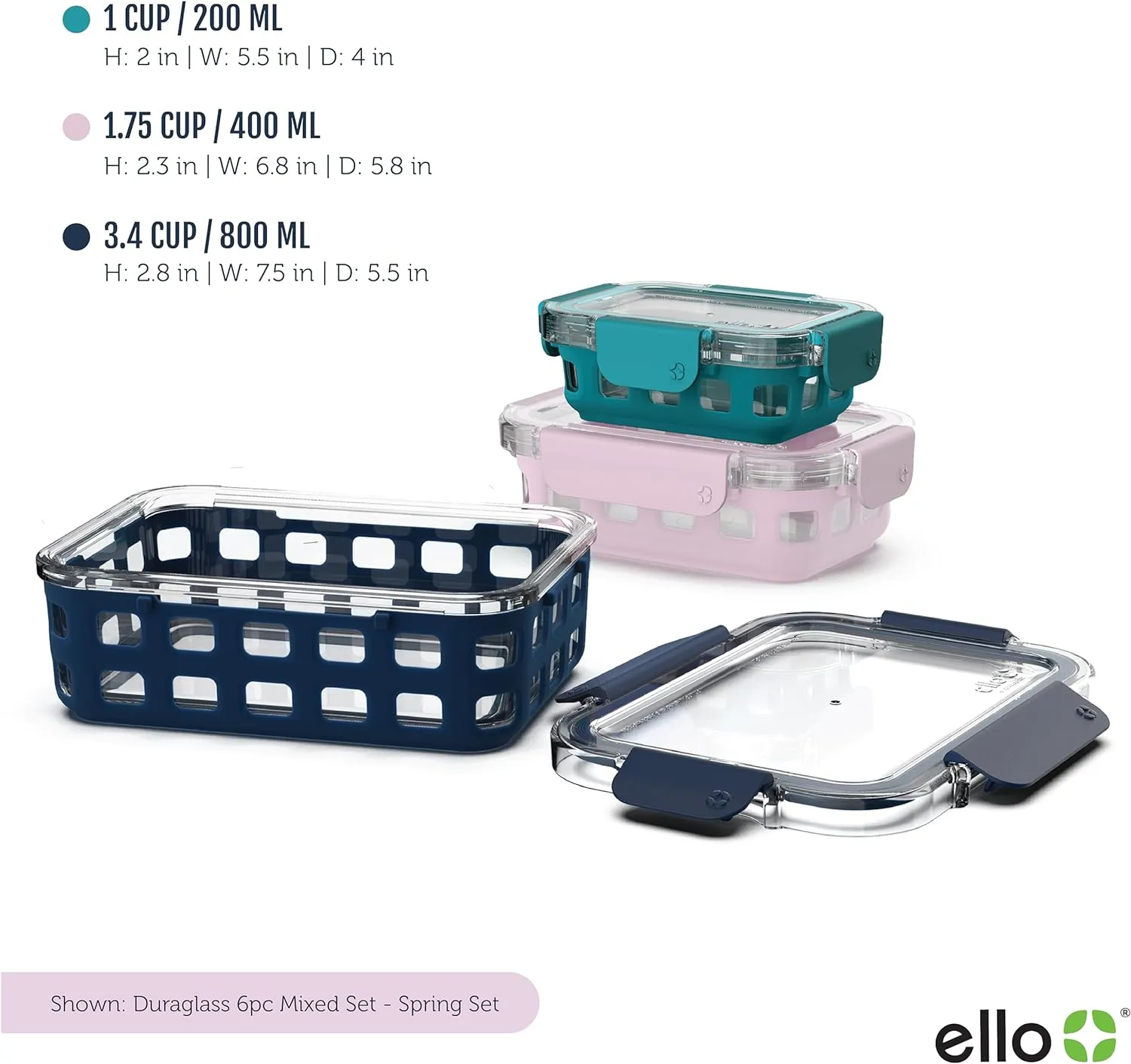 Ello Duraglass Mixed Meal Prep Sets Leak-Proof Glass Food Storage Containers with Silicone Sleeves and Airtight BPA-Free Lids, Dishwasher, Microwave, and Freezer Safe