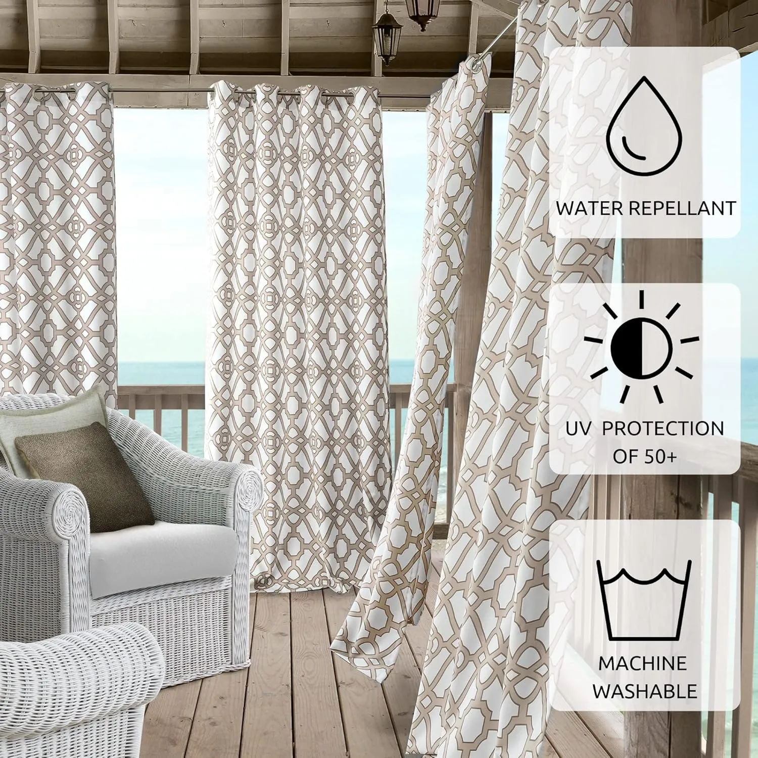 Elrene Home Fashions Marin Indoor/Outdoor Geometric Ironwork Print Grommet Window Curtain Patio, Pergola, Porch, Deck, and Lanai, 50 in x 108 in (1 Panel), Natural