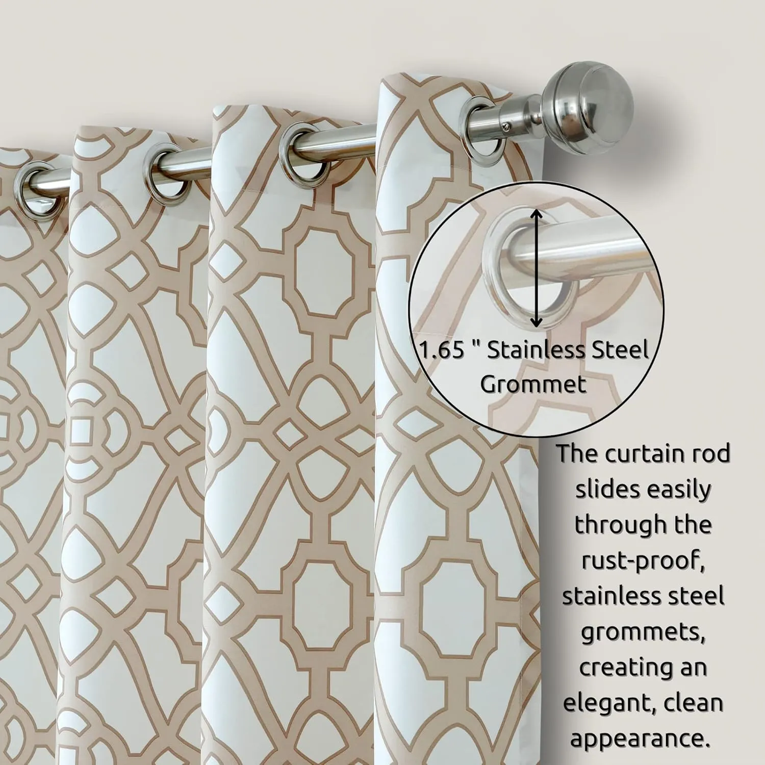 Elrene Home Fashions Marin Indoor/Outdoor Geometric Ironwork Print Grommet Window Curtain Patio, Pergola, Porch, Deck, and Lanai, 50 in x 108 in (1 Panel), Natural