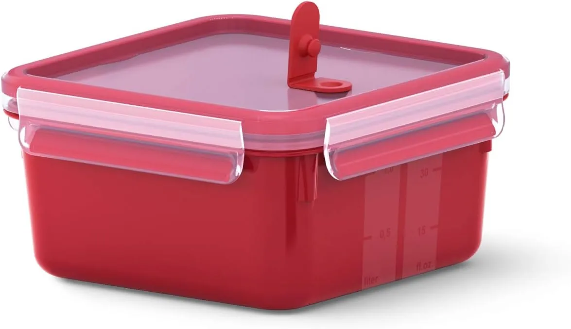 Emsa Clip & Micro N10604 Microwave Valve 1.3 L Square Lunch Box Integrated Measurements Made in Germany Red/Transparent