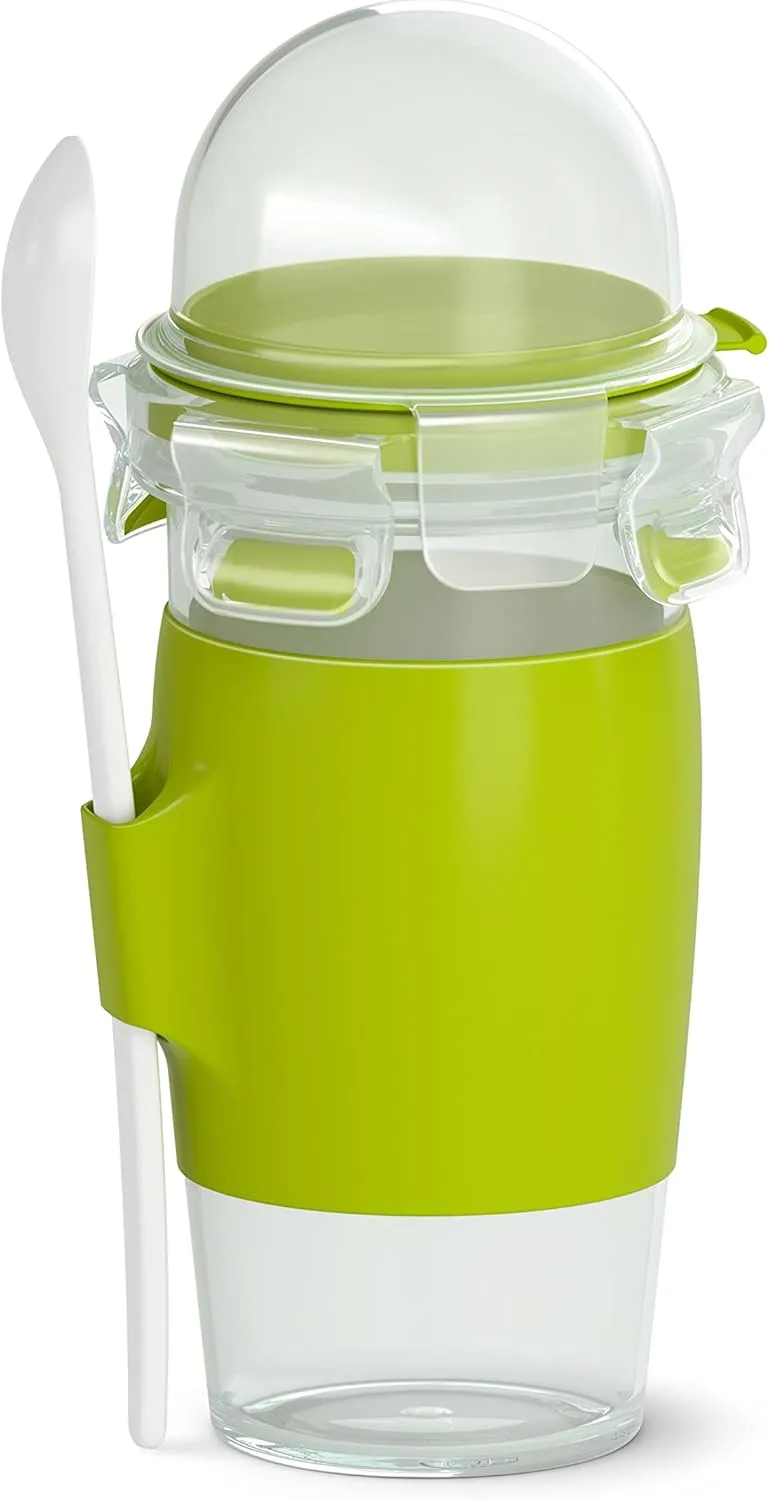 Emsa Clip&Go Yoghurt Mug 450 ml Round with Spoon and Topping Compartment Transparent / Light Green