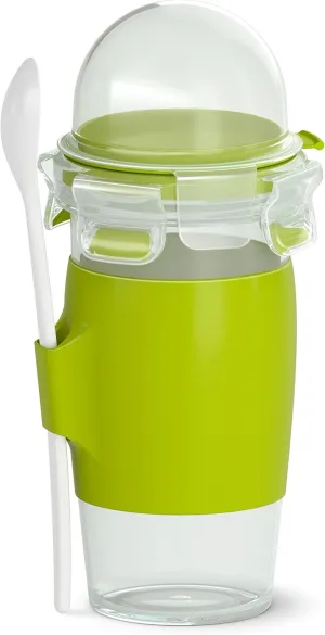 Emsa Clip&Go Yoghurt Mug 450 ml Round with Spoon and Topping Compartment Transparent / Light Green