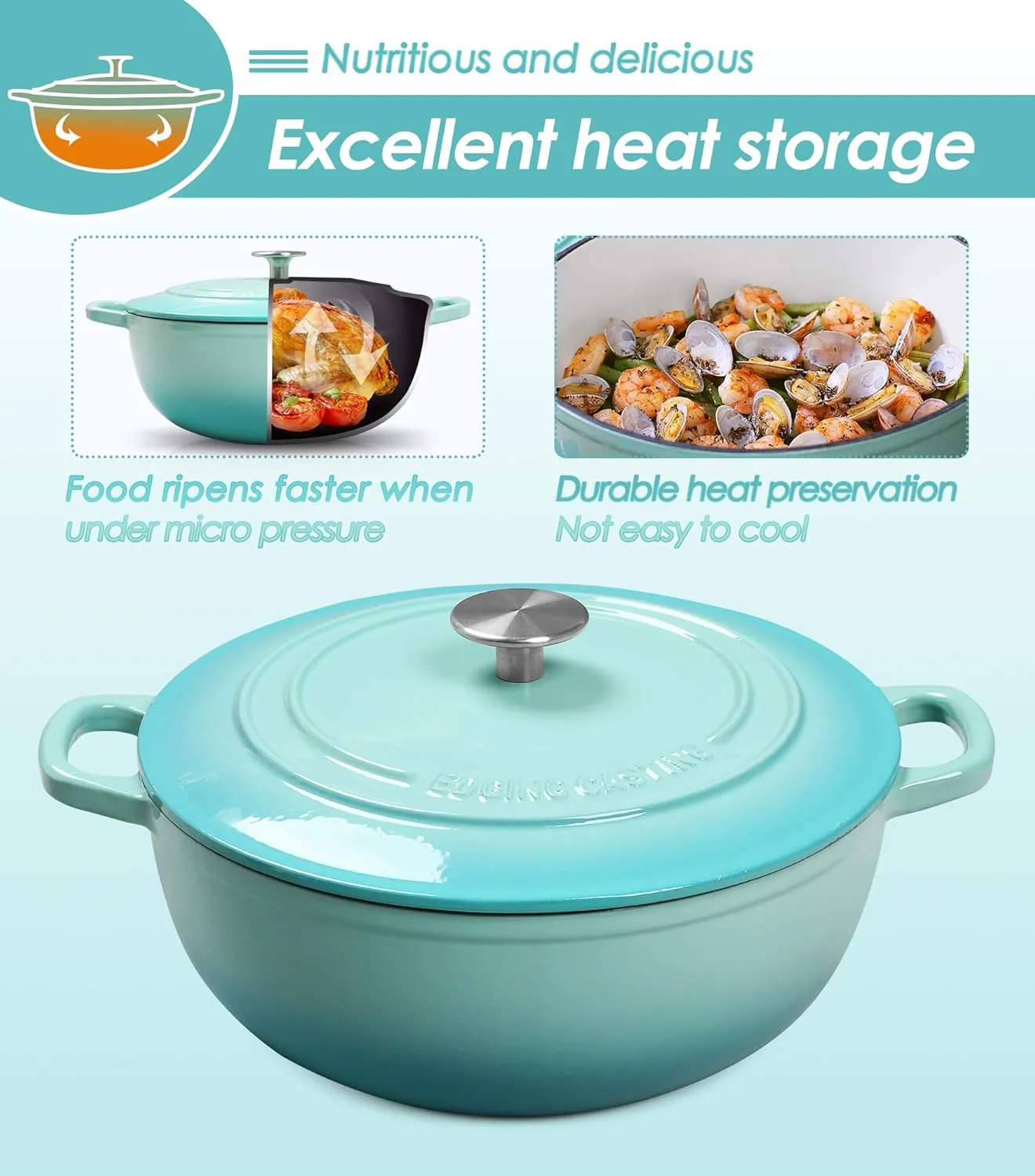 Enameled Cast Iron Dutch Oven Pot with Lid for Sourdough Bread Baking, Bread Dutch Ovens, Cooking Pots, 5 Quart, Peacock Blue
