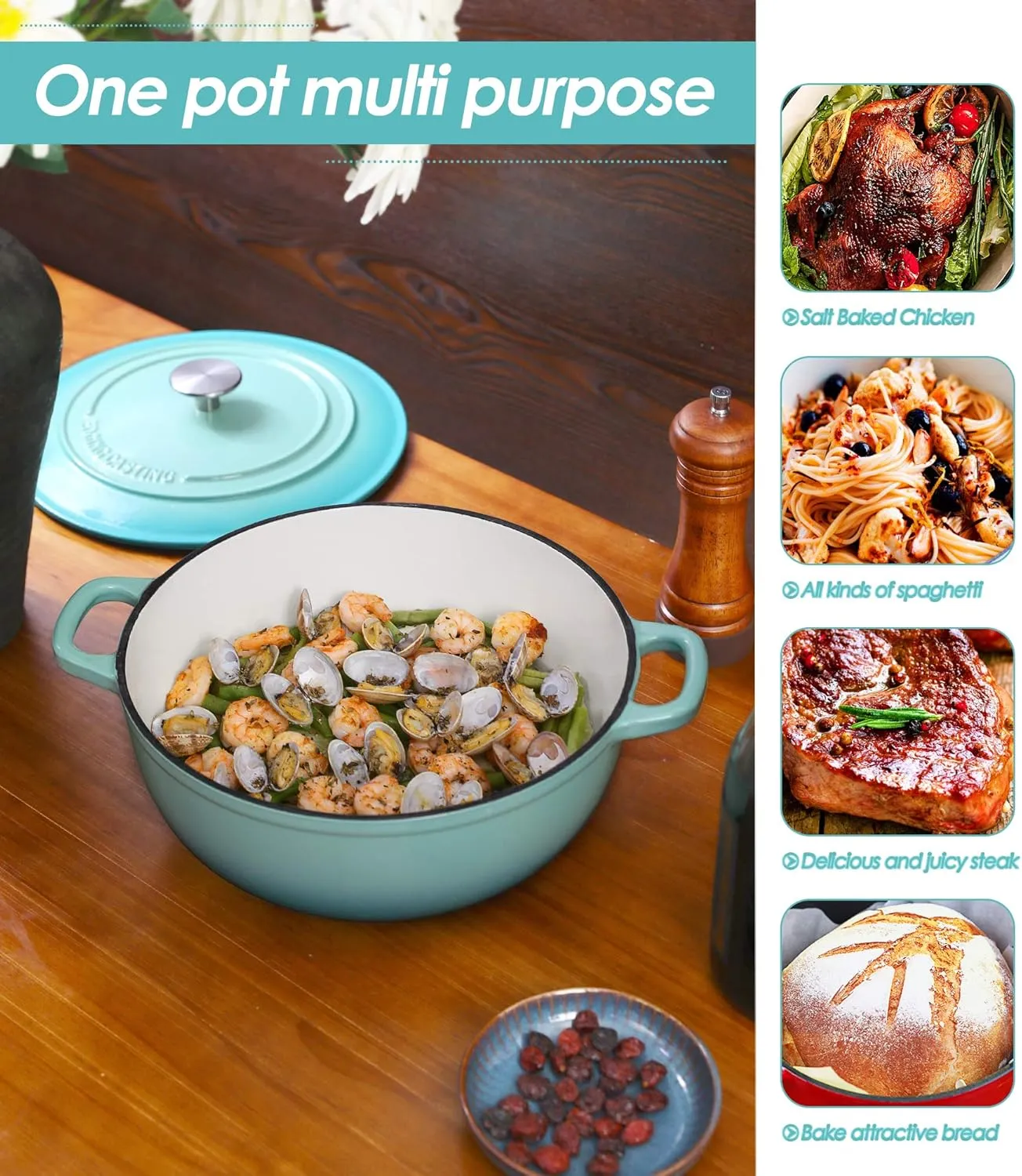 Enameled Cast Iron Dutch Oven Pot with Lid for Sourdough Bread Baking, Bread Dutch Ovens, Cooking Pots, 5 Quart, Peacock Blue