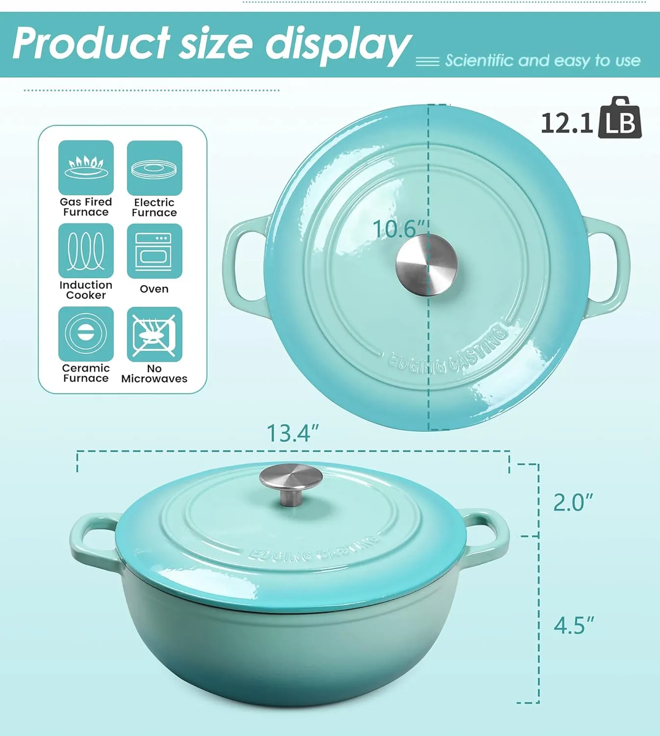 Enameled Cast Iron Dutch Oven Pot with Lid for Sourdough Bread Baking, Bread Dutch Ovens, Cooking Pots, 5 Quart, Peacock Blue