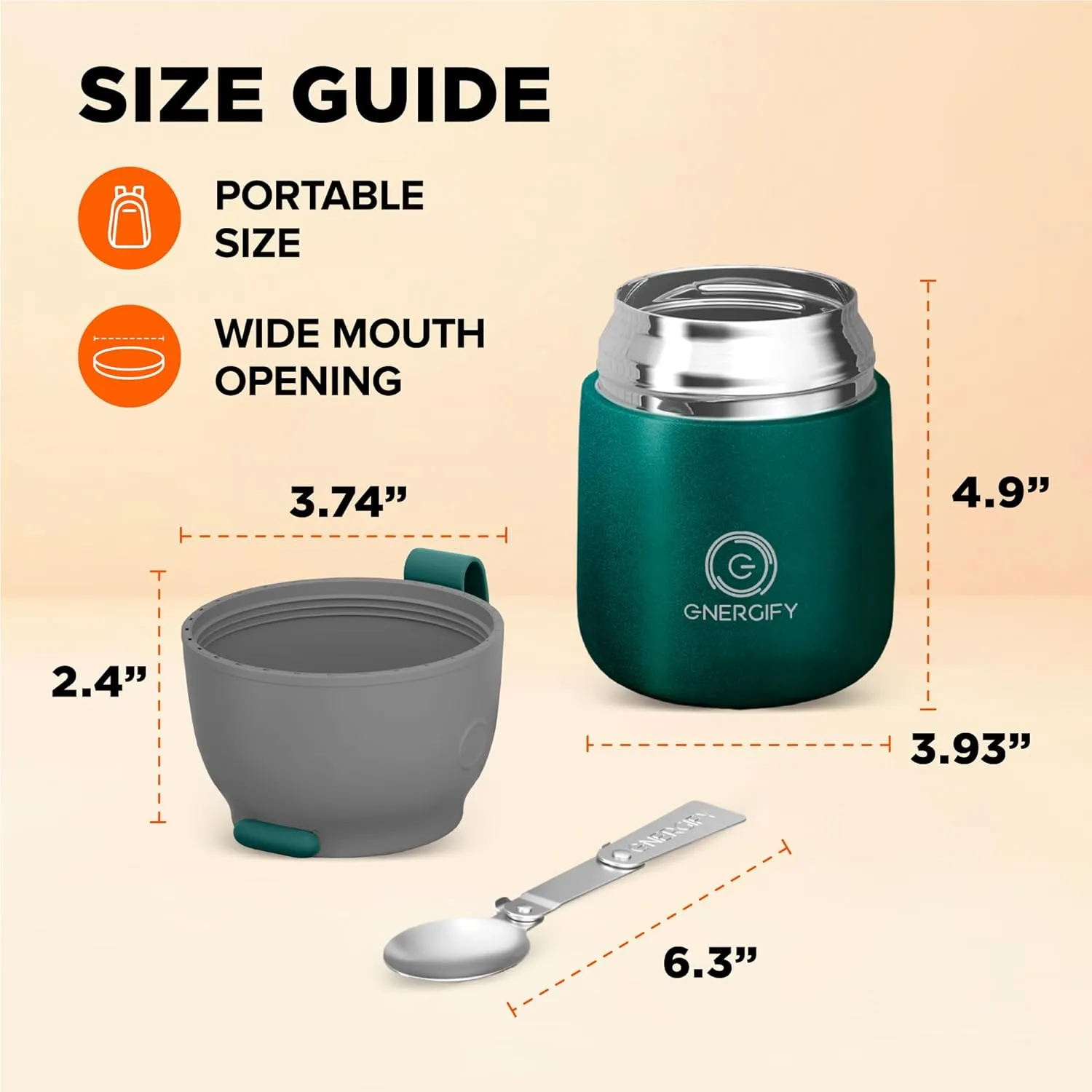 ENERGIFY Vacuum Insulated Food Jar Wide Mouth 17 Oz Soup with Folding Spoon - Lunch Containers for Kids & Adults - Leak Proof Stainless Steel for Hot Food Keep 12H and Cold 24H