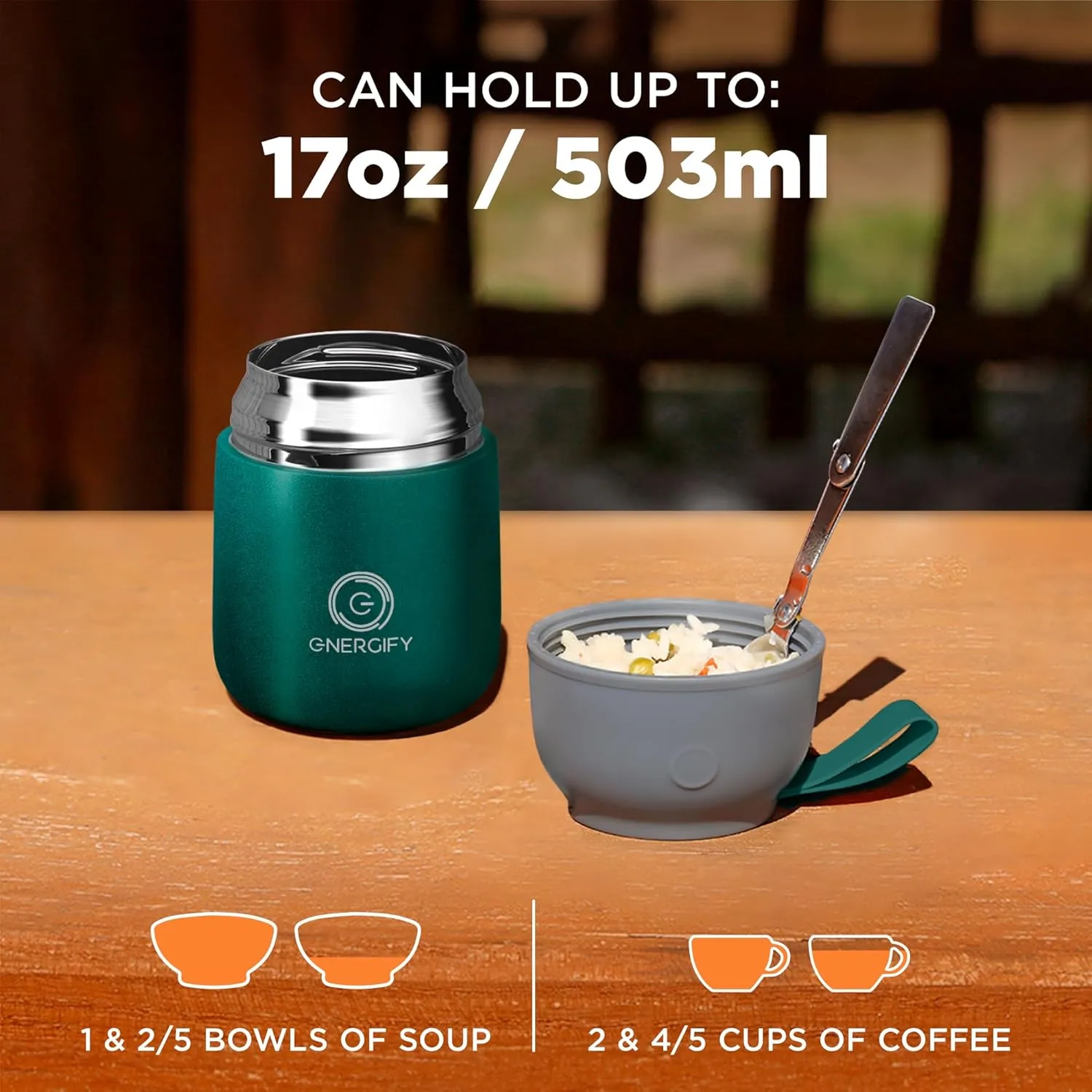 ENERGIFY Vacuum Insulated Food Jar Wide Mouth 17 Oz Soup with Folding Spoon - Lunch Containers for Kids & Adults - Leak Proof Stainless Steel for Hot Food Keep 12H and Cold 24H
