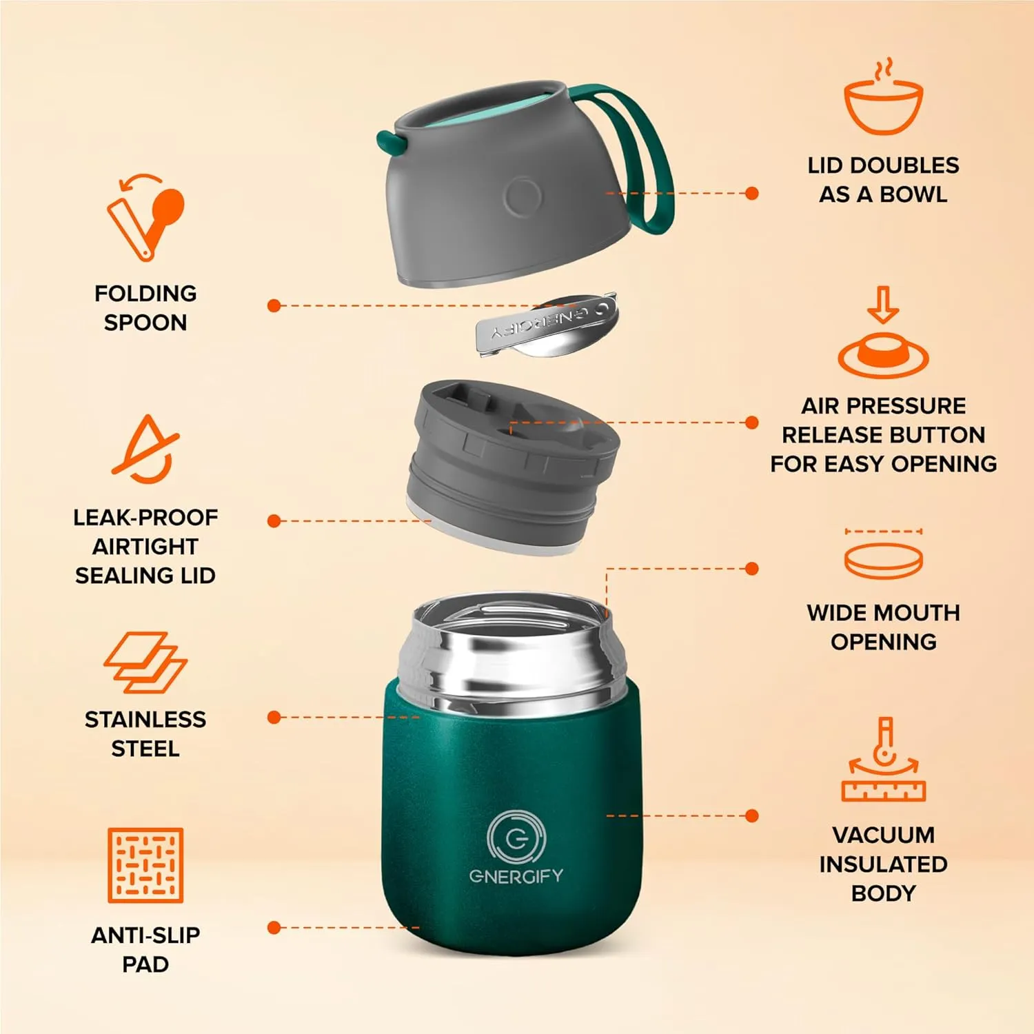 ENERGIFY Vacuum Insulated Food Jar Wide Mouth 17 Oz Soup with Folding Spoon - Lunch Containers for Kids & Adults - Leak Proof Stainless Steel for Hot Food Keep 12H and Cold 24H