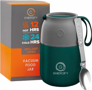 ENERGIFY Vacuum Insulated Food Jar Wide Mouth 17 Oz Soup with Folding Spoon - Lunch Containers for Kids & Adults - Leak Proof Stainless Steel for Hot Food Keep 12H and Cold 24H