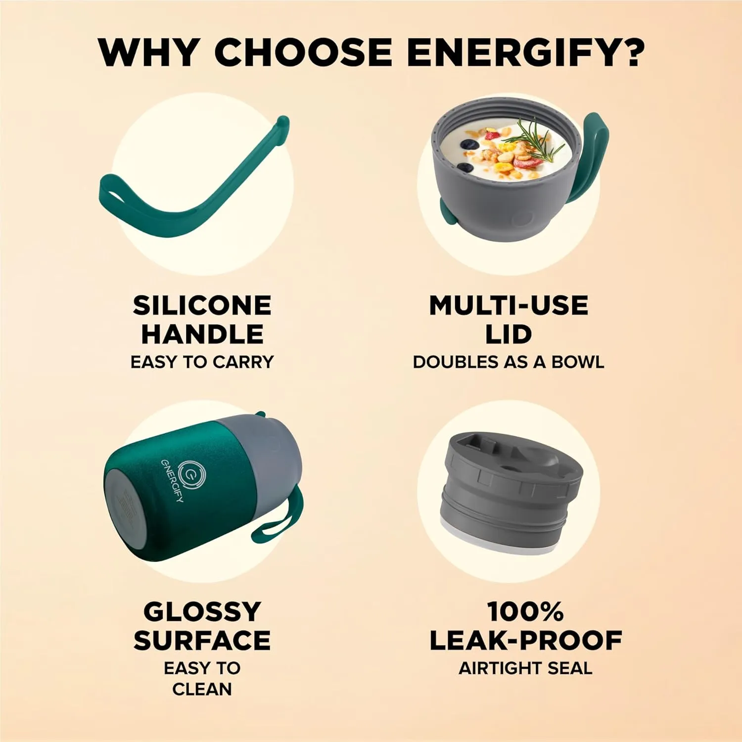 ENERGIFY Vacuum Insulated Food Jar Wide Mouth 17 Oz Soup with Folding Spoon - Lunch Containers for Kids & Adults - Leak Proof Stainless Steel for Hot Food Keep 12H and Cold 24H