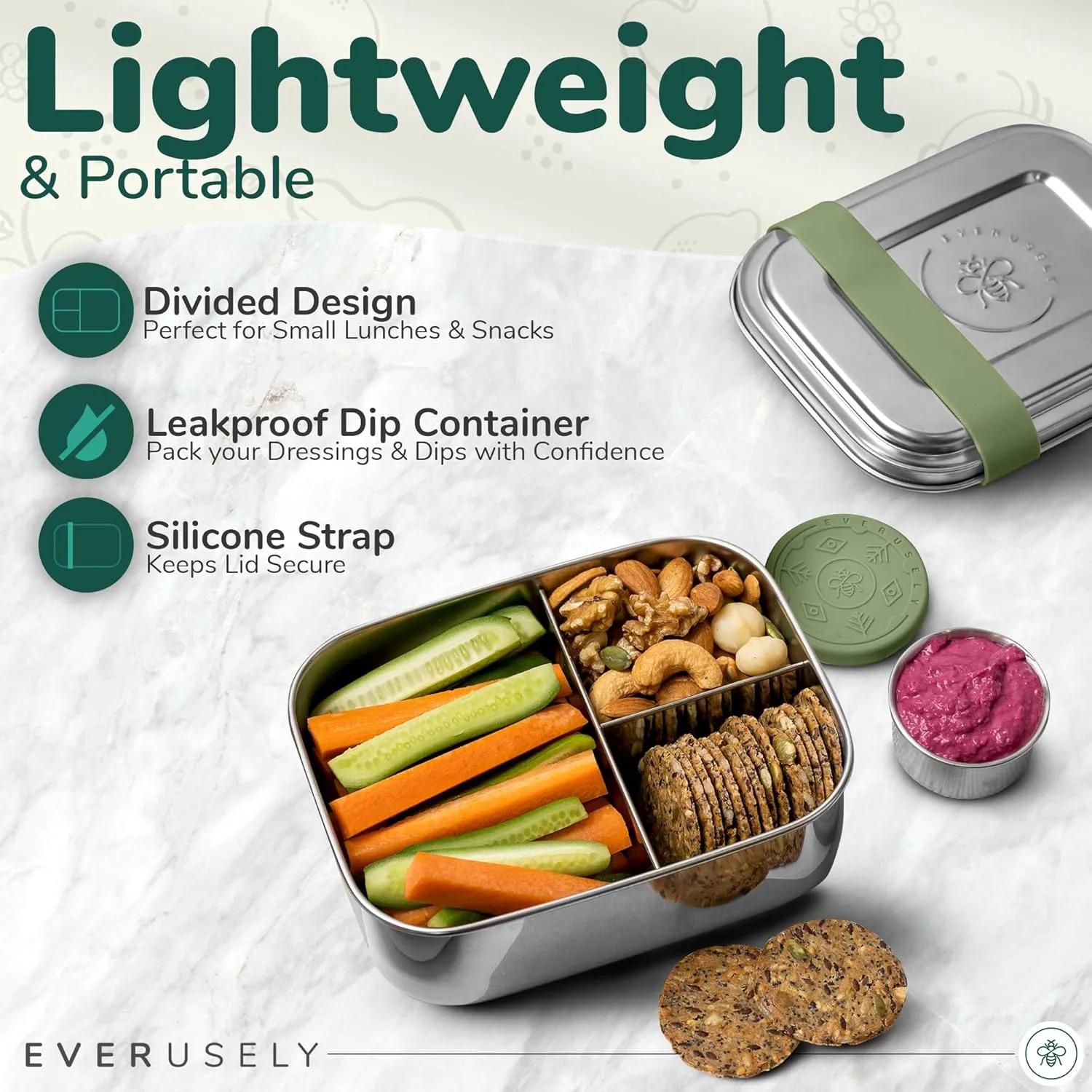 Everusely - Bento Box for Kids - Sage, 6.5x4.7 / 27oz - Stainless Steel Lunch Box w/Leakproof Condiment Container - 3 Compartment Snack Box for School, Office Meals - Freezer & Dishwasher Safe