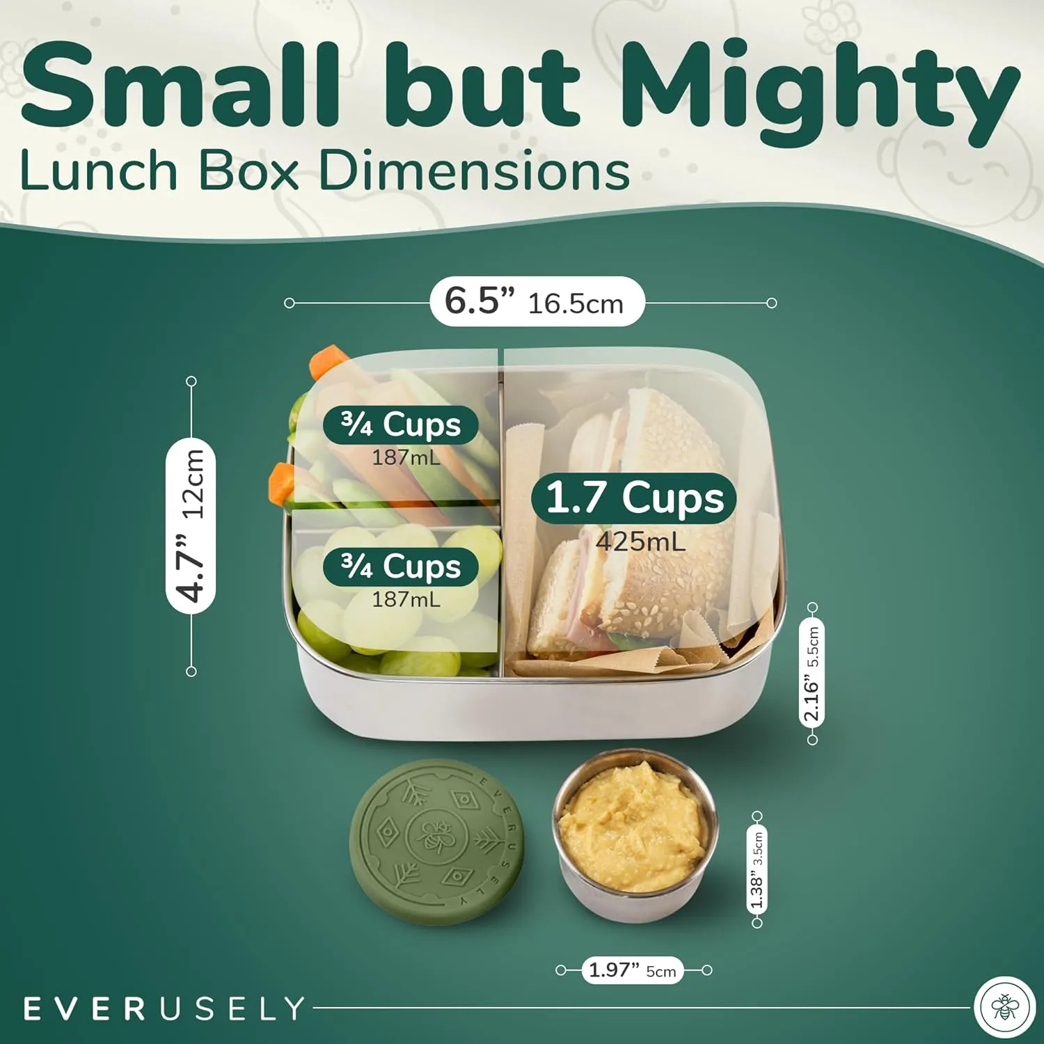 Everusely - Bento Box for Kids - Sage, 6.5x4.7 / 27oz - Stainless Steel Lunch Box w/Leakproof Condiment Container - 3 Compartment Snack Box for School, Office Meals - Freezer & Dishwasher Safe