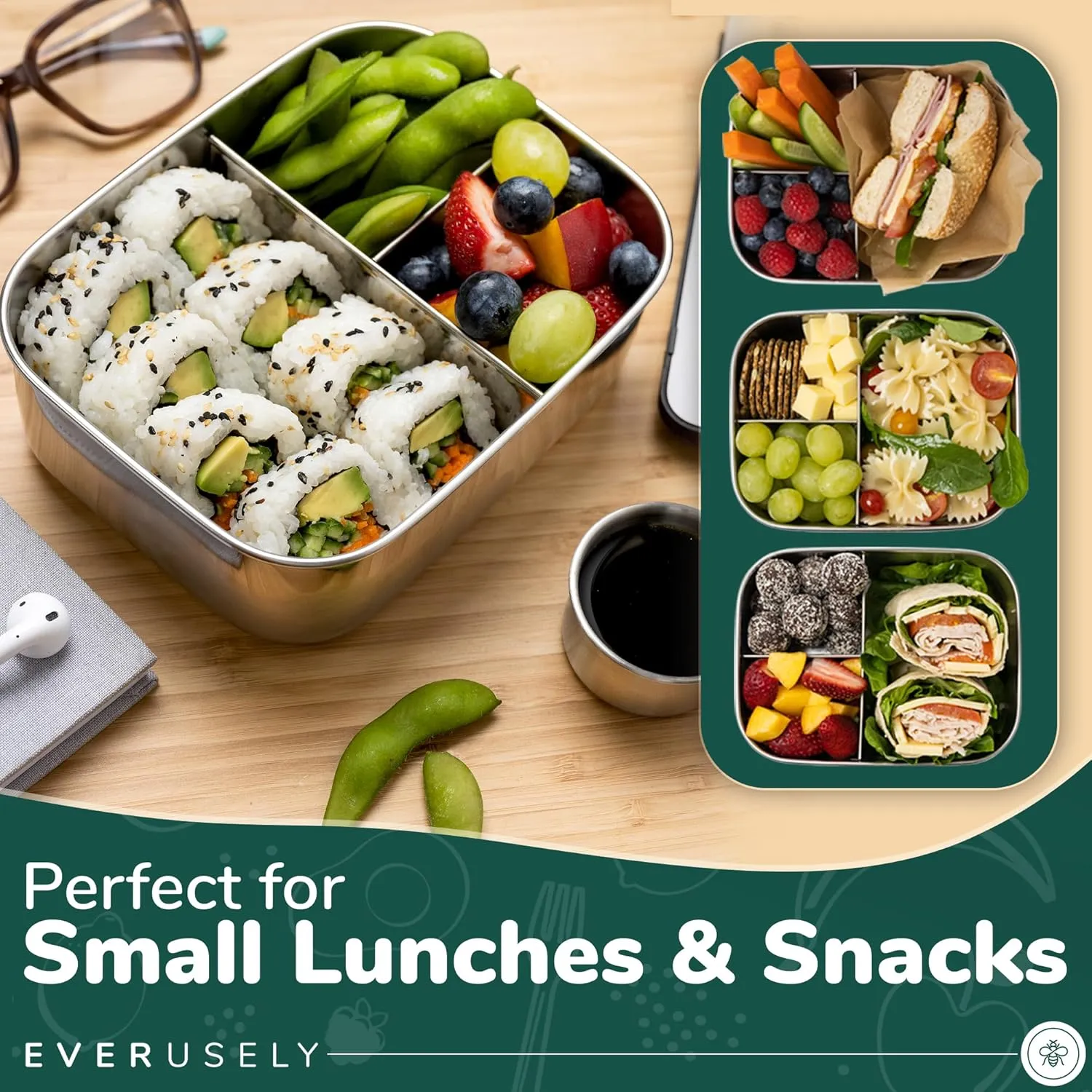 Everusely - Bento Box for Kids - Sage, 6.5x4.7 / 27oz - Stainless Steel Lunch Box w/Leakproof Condiment Container - 3 Compartment Snack Box for School, Office Meals - Freezer & Dishwasher Safe