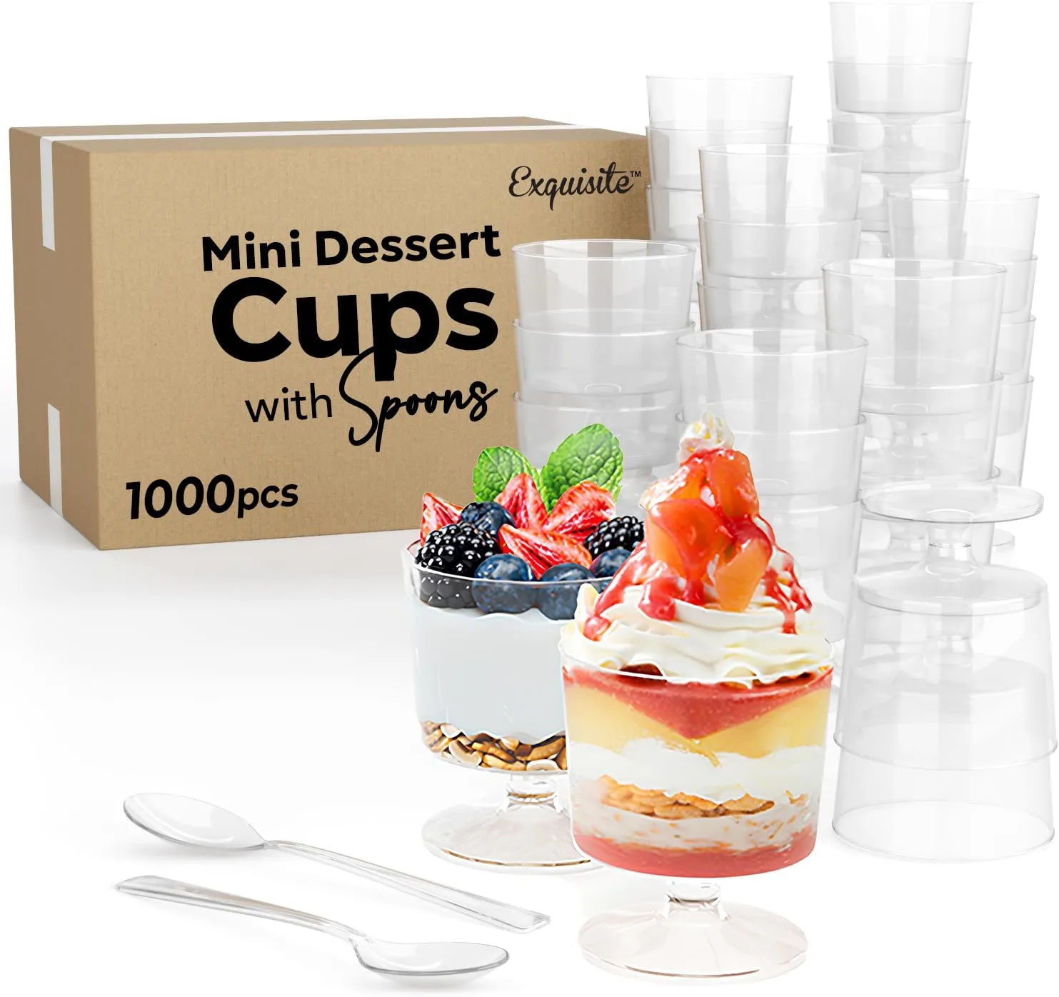 Exquisite Mini Dessert Cups With Spoons 1,000 Pcs - 2 Oz Round Clear Plastic Pudding Cups Disposable With Tasting Spoons 500 Sets | Mini Parfait Cup | Appetizer Cup For Party & Events