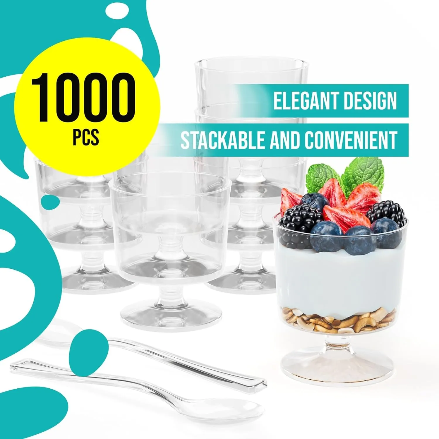 Exquisite Mini Dessert Cups With Spoons 1,000 Pcs - 2 Oz Round Clear Plastic Pudding Cups Disposable With Tasting Spoons 500 Sets | Mini Parfait Cup | Appetizer Cup For Party & Events