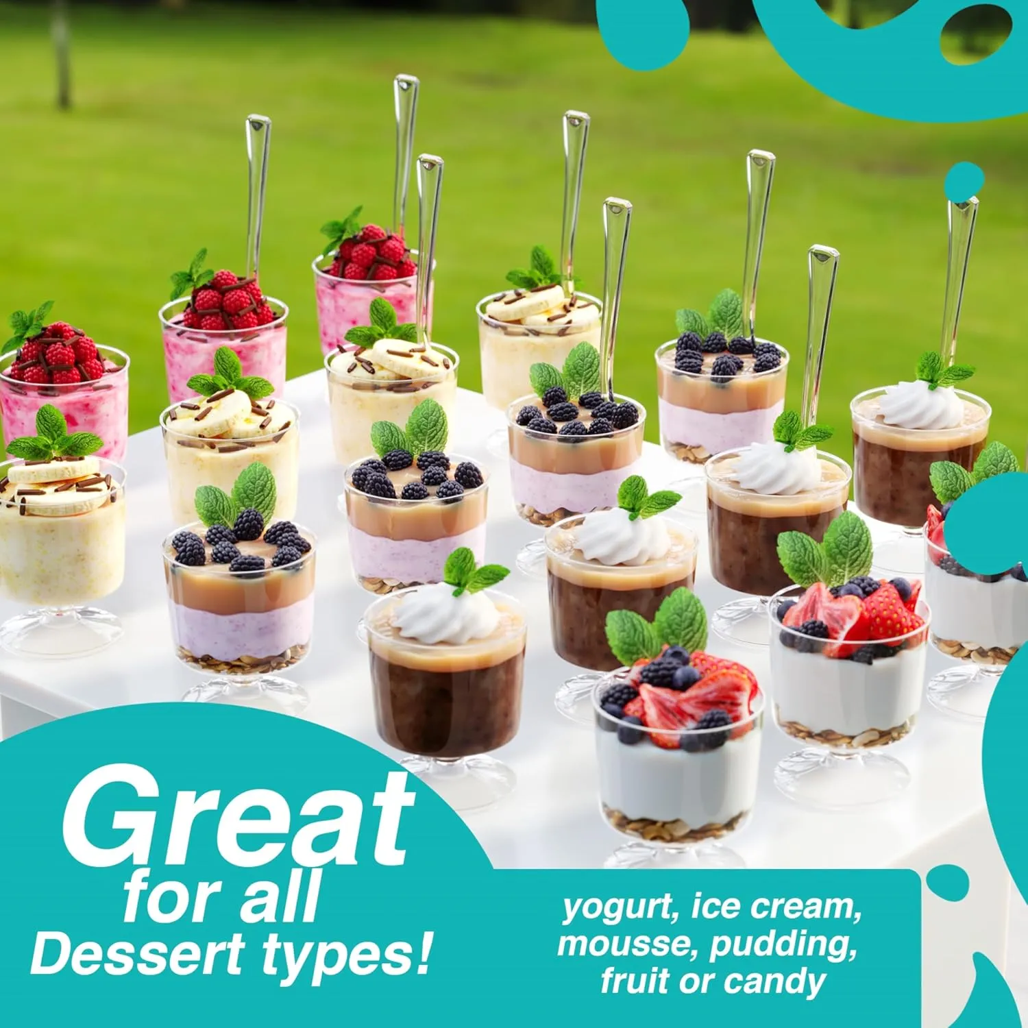 Exquisite Mini Dessert Cups With Spoons 1,000 Pcs - 2 Oz Round Clear Plastic Pudding Cups Disposable With Tasting Spoons 500 Sets | Mini Parfait Cup | Appetizer Cup For Party & Events