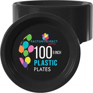 Exquisite Party Solids Black Plastic Plates For Party 9" Black Disposable Plates Heavy Duty Supplies 100 Pcs Plastic Dinnerware Sets Heavy Duty 350 GSM Disposable Dinnerware Set