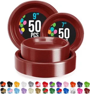 Exquisite Party Solids Burgundy Plastic Plates For Party Supplies, Burgundy Disposable Plates 100 Pcs - 50-7" & 50-9" Heavy Duty 350 GSM Disposable Dinnerware Sets, Plastic Dinnerware Sets