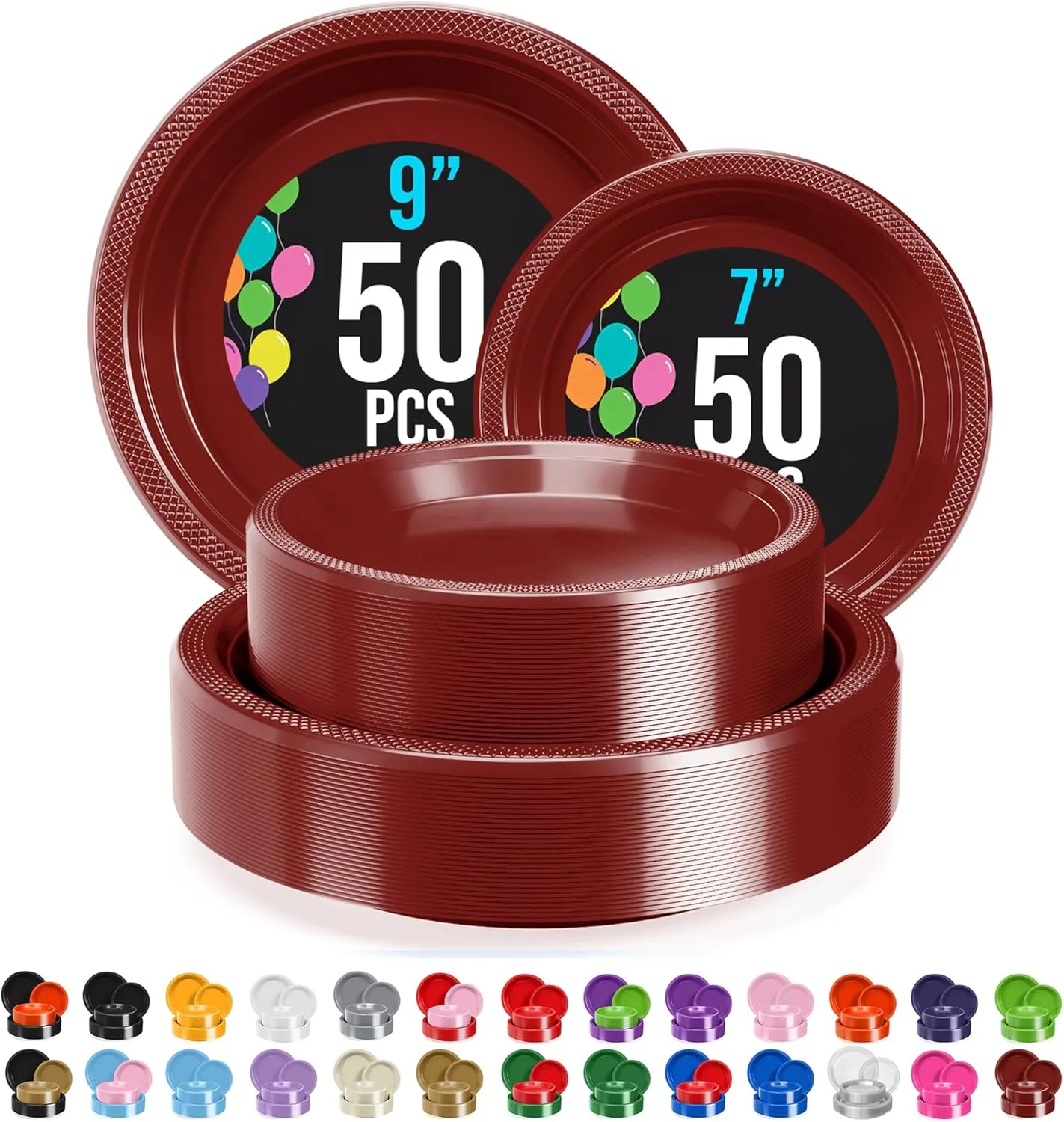 Exquisite Party Solids Burgundy Plastic Plates For Party Supplies, Burgundy Disposable Plates 100 Pcs - 50-7" & 50-9" Heavy Duty 350 GSM Disposable Dinnerware Sets, Plastic Dinnerware Sets