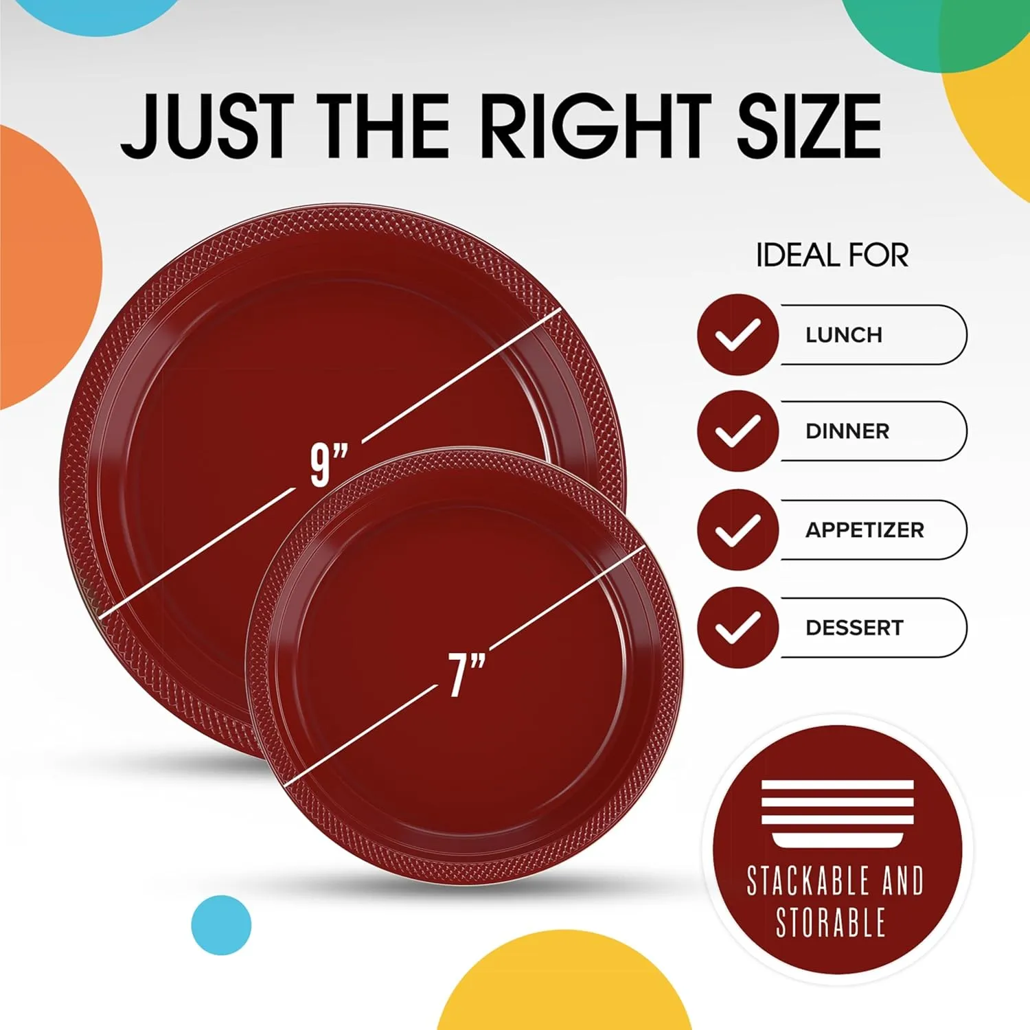 Exquisite Party Solids Burgundy Plastic Plates For Party Supplies, Burgundy Disposable Plates 100 Pcs - 50-7" & 50-9" Heavy Duty 350 GSM Disposable Dinnerware Sets, Plastic Dinnerware Sets
