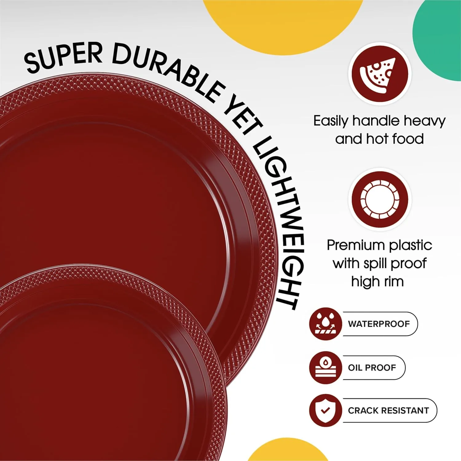 Exquisite Party Solids Burgundy Plastic Plates For Party Supplies, Burgundy Disposable Plates 100 Pcs - 50-7" & 50-9" Heavy Duty 350 GSM Disposable Dinnerware Sets, Plastic Dinnerware Sets