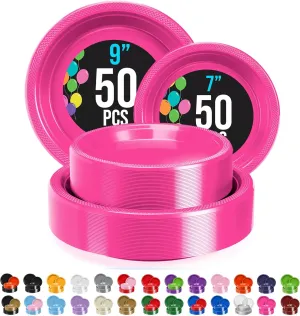 Exquisite Party Solids Cerise Plastic Plates For Party Supplies, Cerise Disposable Plates 100 Pcs - 50-7" & 50-9" Heavy Duty 350 GSM Disposable Dinnerware Sets, Plastic Dinnerware Sets