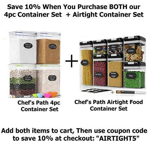 Extra Large Plastic Food Storage Containers with Lids 175oz, For Flour & Sugar - Air tight Kitchen & Pantry Organization Bulk Food Storage, BPA-Free - 4 PC - Canisters with Pen & Labels - Chef’s Path