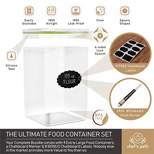 Extra Large Plastic Food Storage Containers with Lids 175oz, For Flour & Sugar - Air tight Kitchen & Pantry Organization Bulk Food Storage, BPA-Free - 4 PC - Canisters with Pen & Labels - Chef’s Path