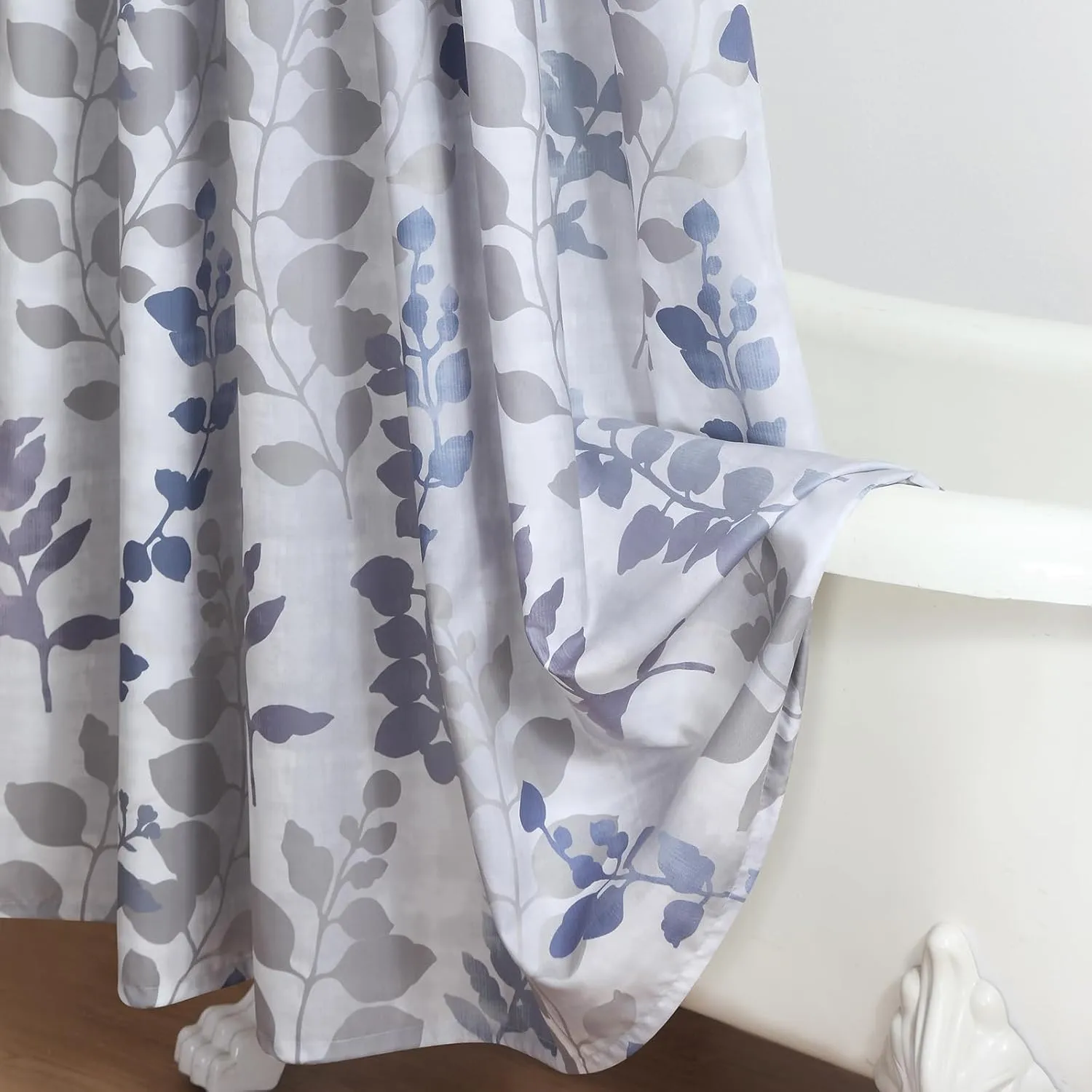 Fabric Shower Curtain, Gray and Blue Botanical Branch Leaf Print, Waterproof Bathroom Curtain, 72" W x 72" H