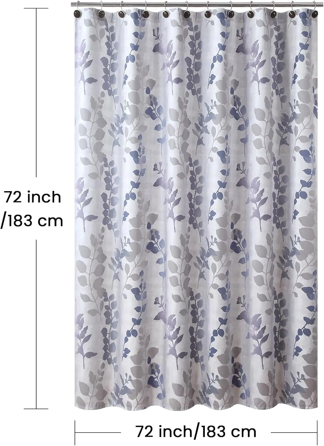 Fabric Shower Curtain, Gray and Blue Botanical Branch Leaf Print, Waterproof Bathroom Curtain, 72" W x 72" H