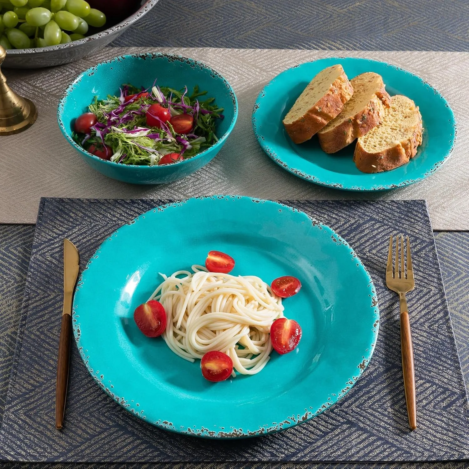 Farmhouse Melamine Plates and Bowls Set, Set of 4 BPA Free 100% Melamine 12 Piece Vintage Dishes Dinnerware Sets,Dishwasher Safe, Teal