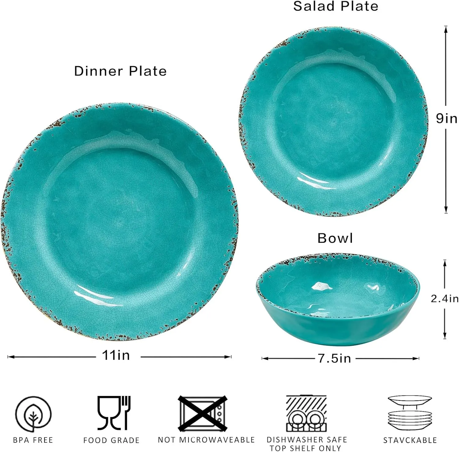 Farmhouse Melamine Plates and Bowls Set, Set of 4 BPA Free 100% Melamine 12 Piece Vintage Dishes Dinnerware Sets,Dishwasher Safe, Teal